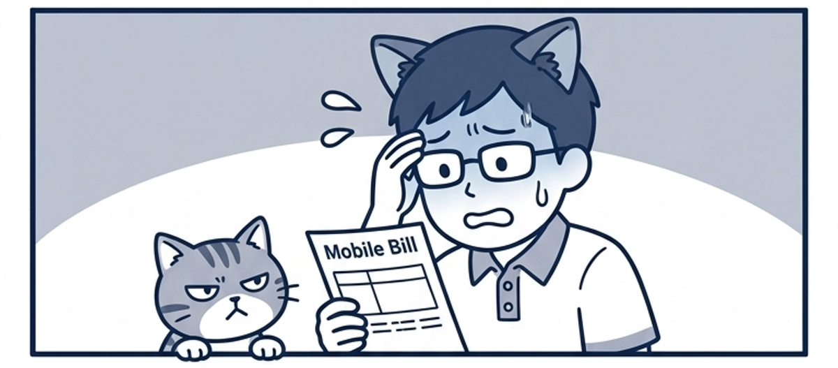 携帯料金の明細を持って冷や汗のパパ。キジトラ猫も明細を覗き込んで不機嫌顔