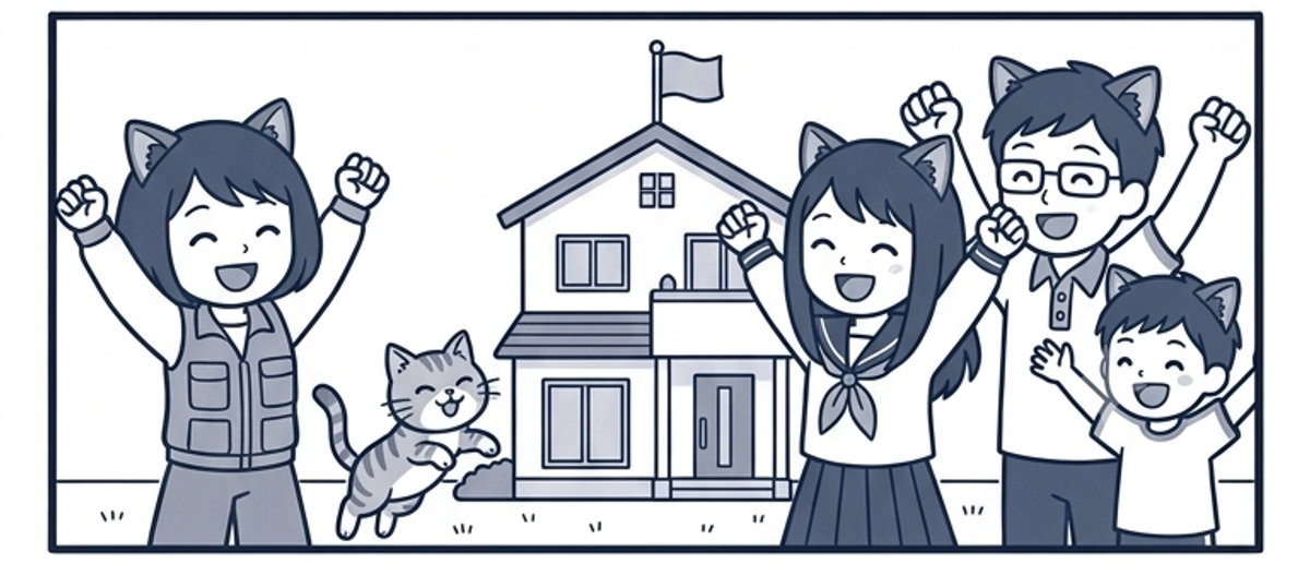 完済した家の前で、旗の立った家をバックに家族4人がバンザイ。猫もジャンプして大喜び