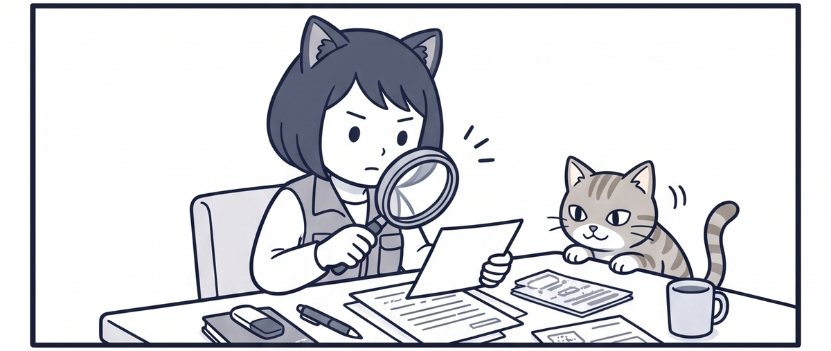 書類を虫めがねでじっくり確認するママと猫