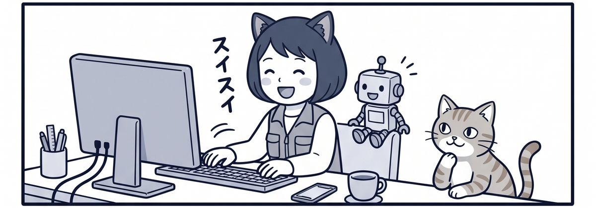 パソコンでスイスイ作業が進むママとロボット