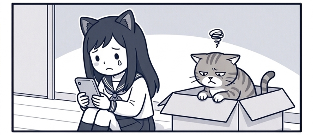 出品した服が売れずしょんぼりの姉と箱の中の猫