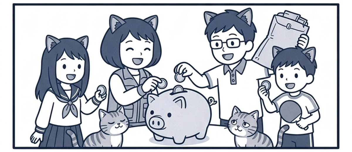 家族みんなで大きな豚の貯金箱に硬貨を入れる。パパは膨らんだボーナス袋を持ち上げ、猫2匹が見守る