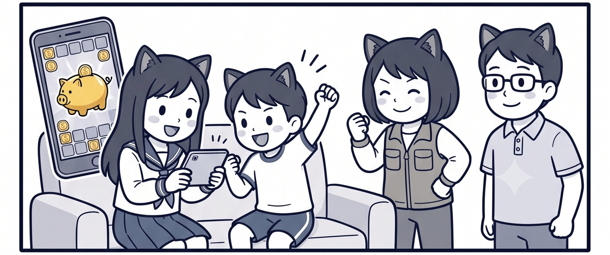スマホのゲームで盛り上がる姉弟と得意げなママ