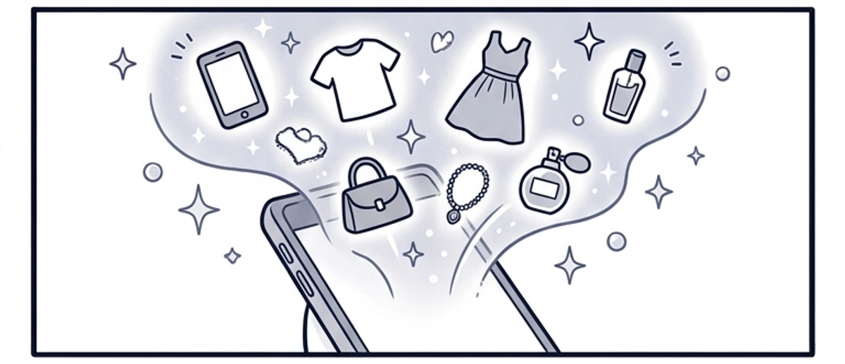 スマホの画面から服や小物がふわっと舞い上がる