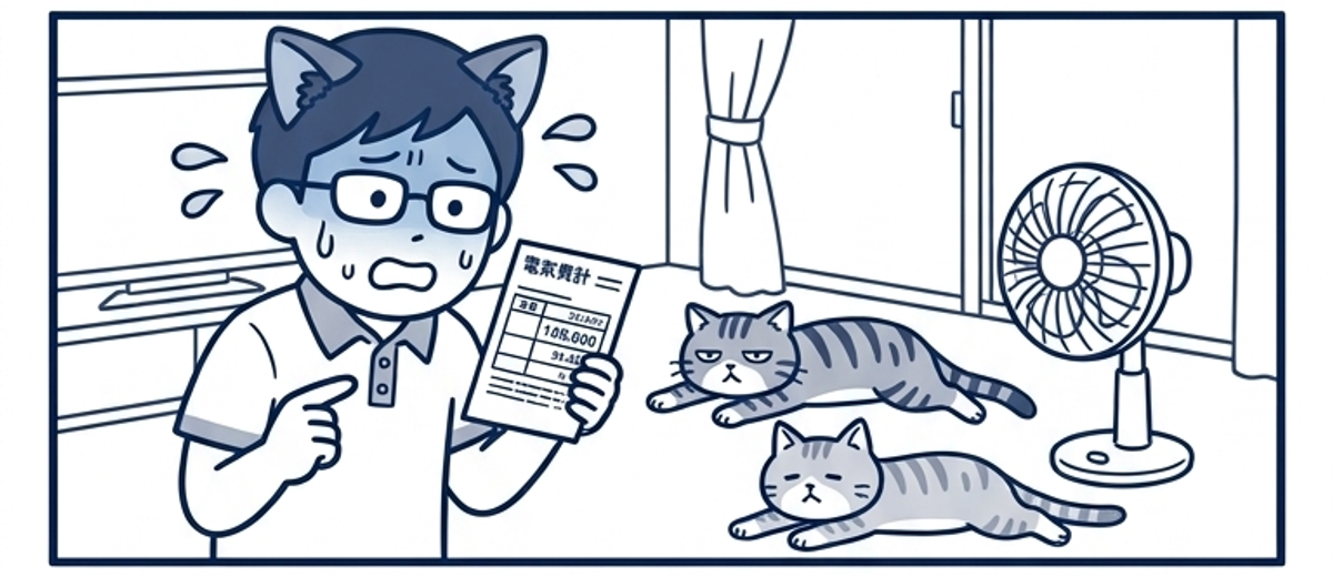 夏のリビングで電気の検針票を見て固まるパパ。床では猫2匹が暑さでのびている