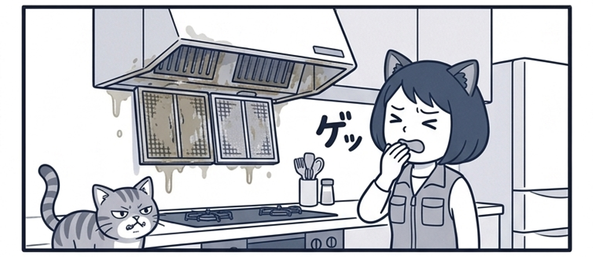 キッチンのレンジフードから垂れる油汚れを見て顔をしかめるひーちママ。キジトラ猫も鼻にしわを寄せる