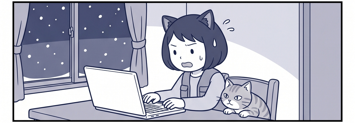 雪の夜、ママがあわててノートパソコンに向かい、となりで猫がのぞいている