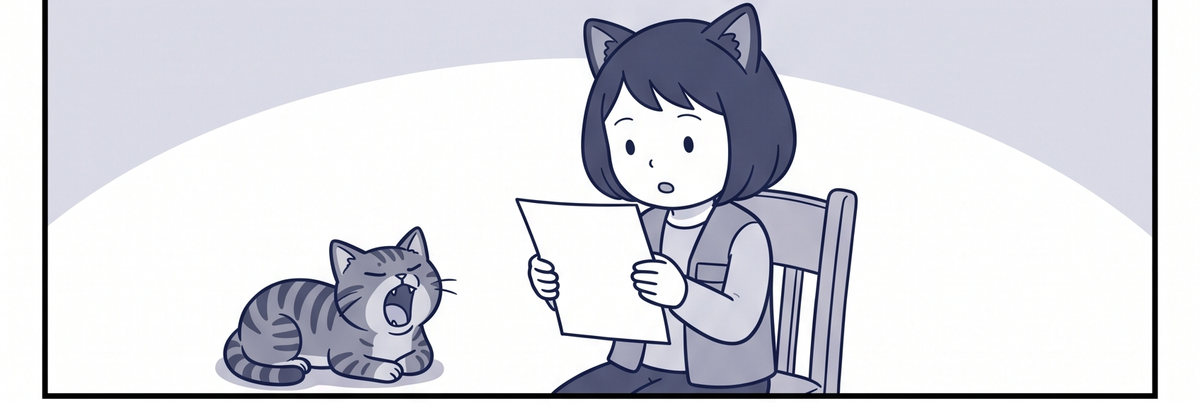 ママが1枚の紙を見て目を丸くし、足元の猫があくびをしている