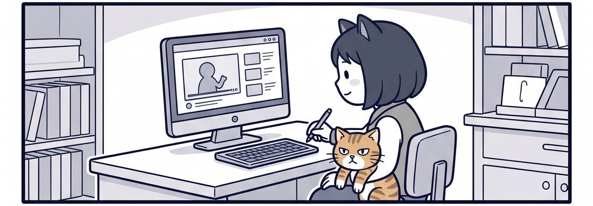 パソコンでオンライン授業を受けるママと膝の猫