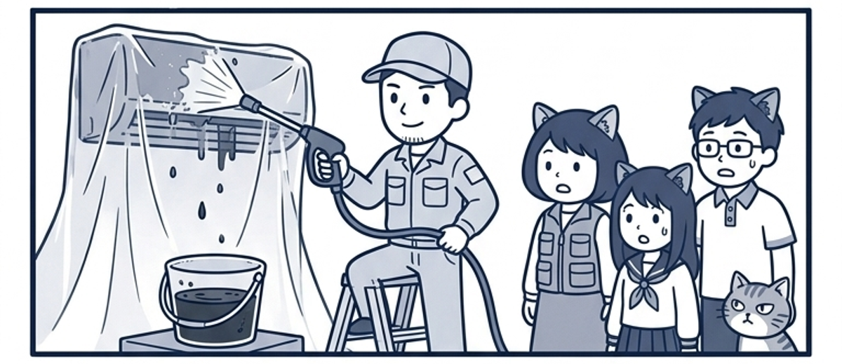 カバーをかけたエアコンを高圧洗浄する作業服の清掃スタッフ。バケツには真っ黒な水。家族が目を丸くして見守る