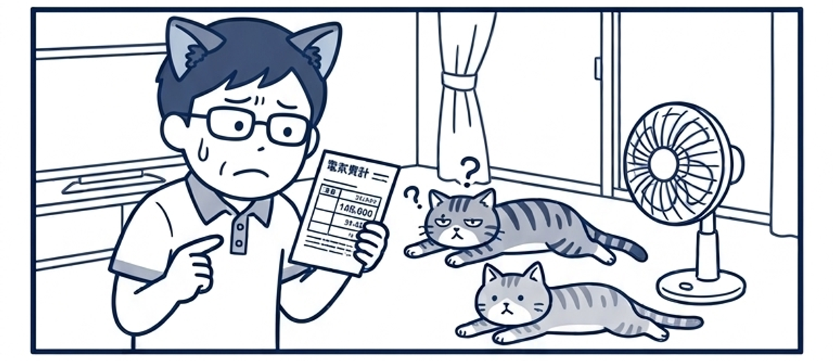 電気料金の明細の一行を指さして首をかしげるパパ。キジトラ猫も一緒に覗き込んで不思議そう
