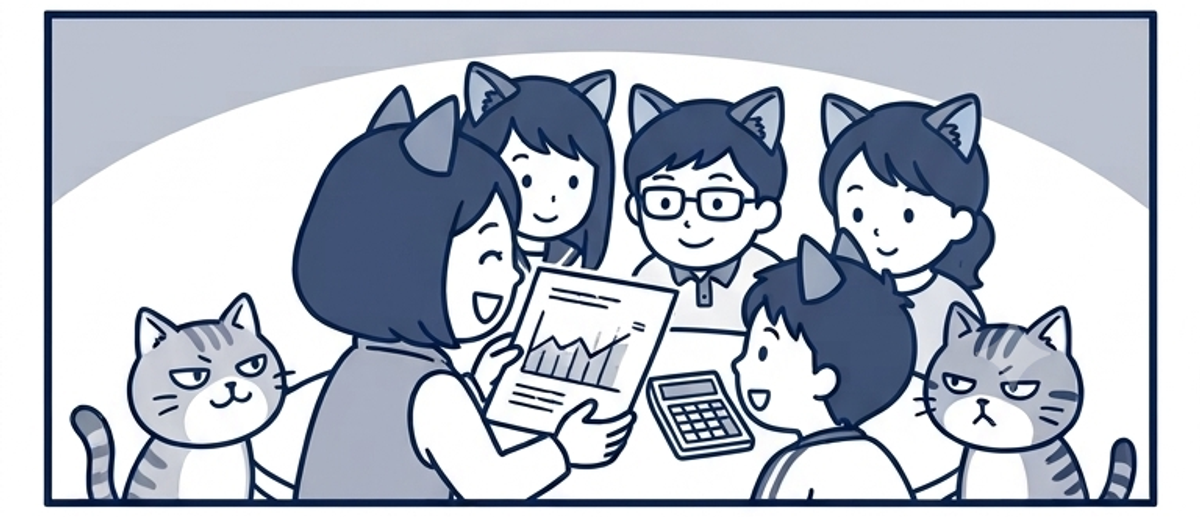 明細書と電卓を並べて自信満々のひーちママ。家族と猫2匹が覗き込む
