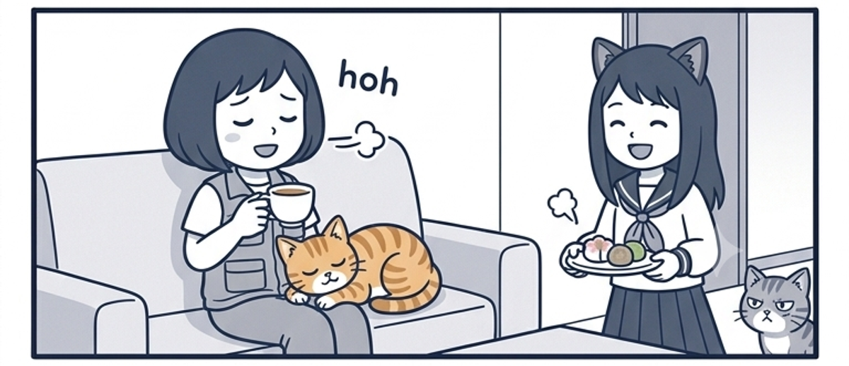手続きを終えてソファでお茶を飲みひと息つくひーちママ。膝でチャトラ猫が丸くなり、ひーちがお菓子を運んでくる