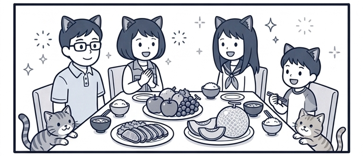 返礼品のごちそうを囲む家族と猫たち
