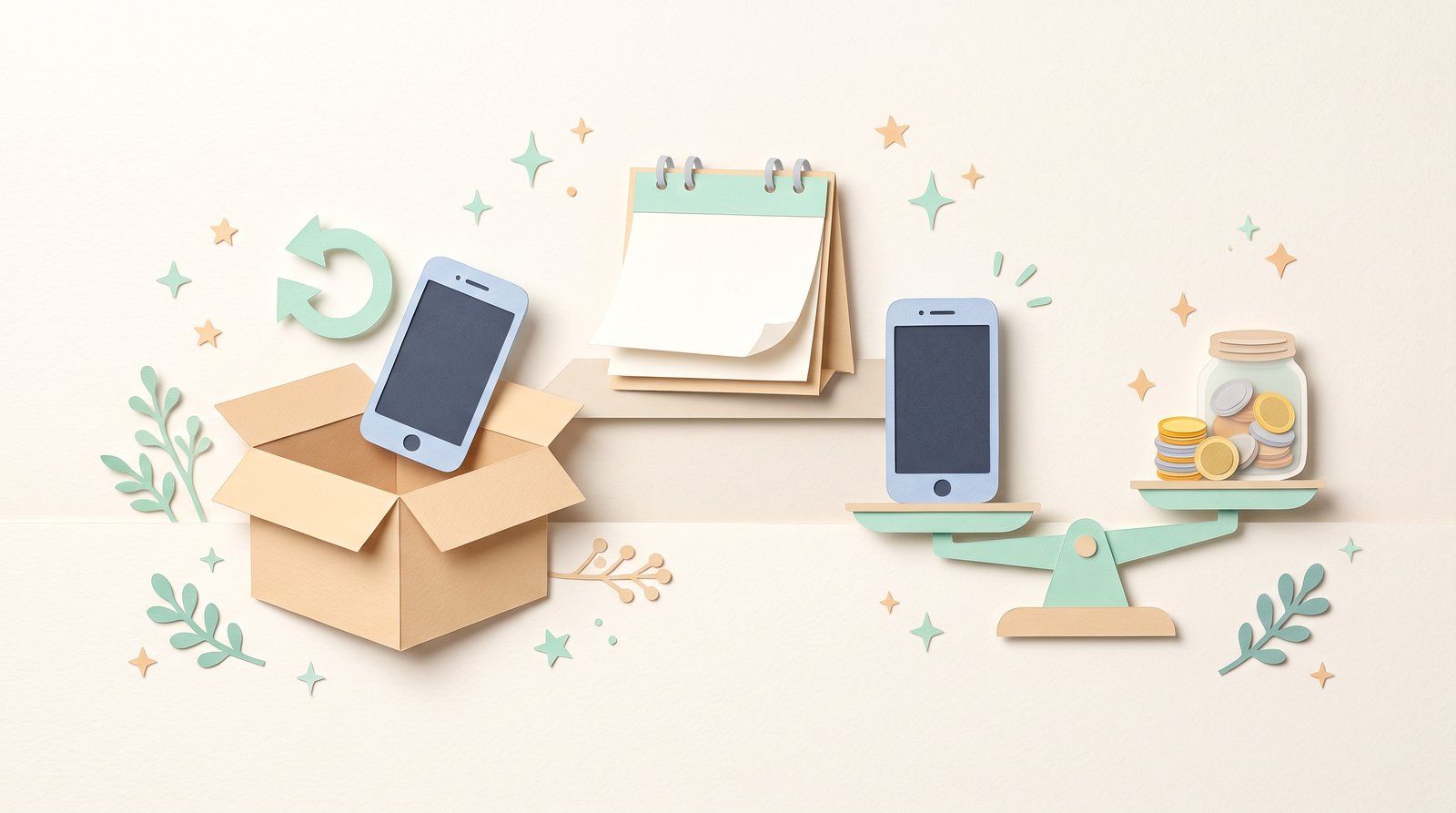 返却用の箱に入るスマホと、てんびんでお金とくらべるスマホ(きりがみ風)