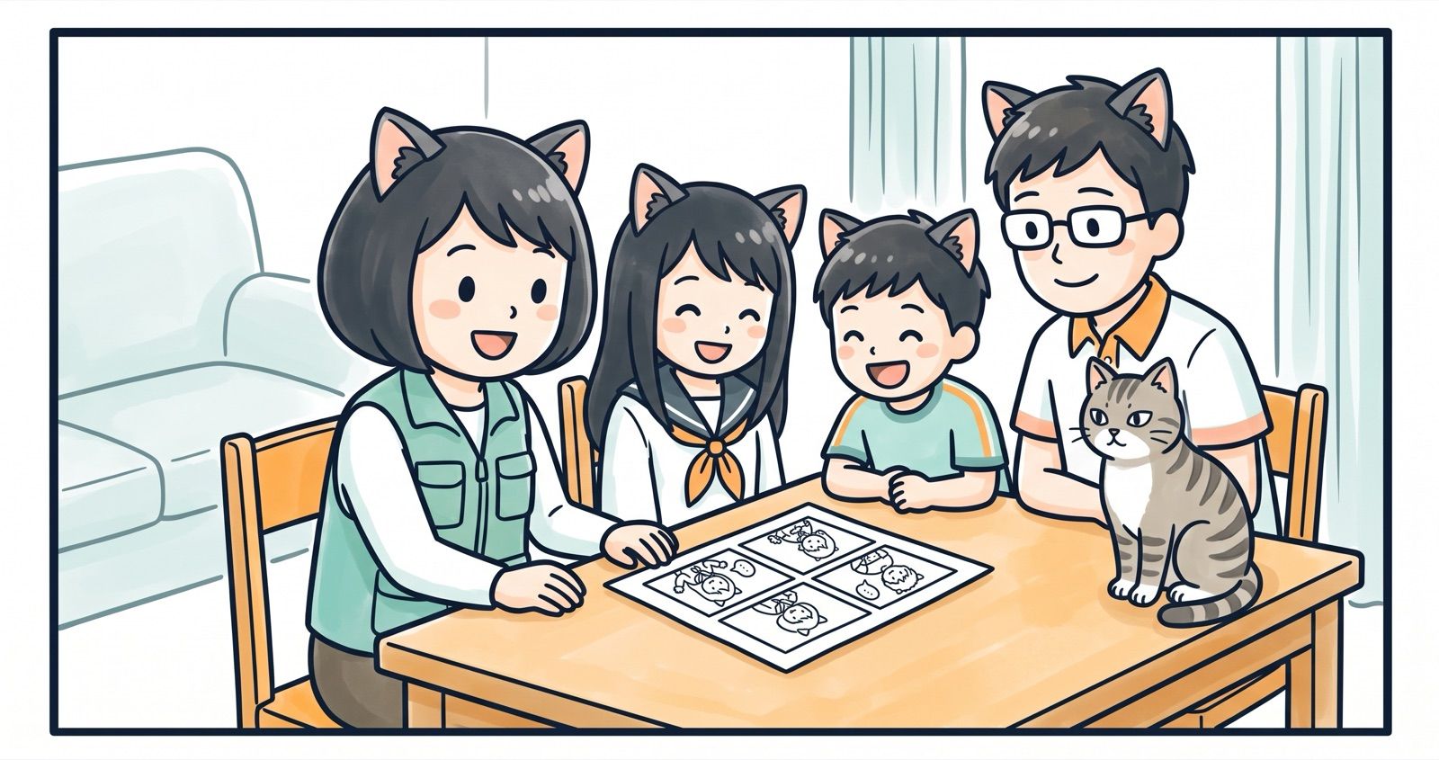 ひーちfamily(ママ・ひーち・まるお・パパ)と猫が、リビングのテーブルで4コマ家計マンガを囲んで笑う様子