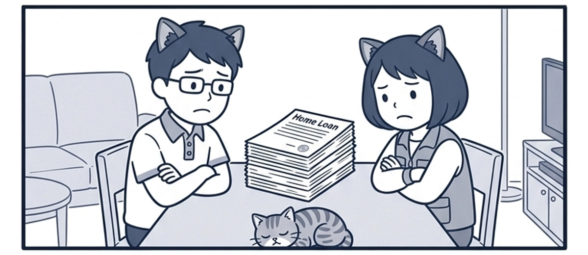 リビングで住宅ローンの分厚い書類を前に、腕組みして難しい顔で向き合うパパとひーちママ。テーブルの下でキジトラ猫が寝ている