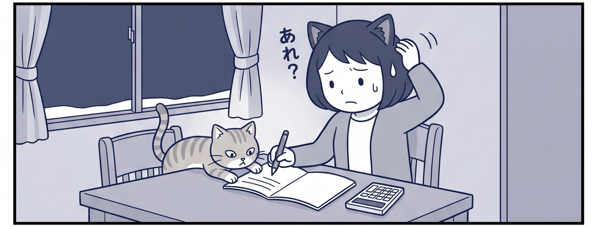夜のテーブルで、ママがノートと電卓を前に首をかしげ、となりで猫がのぞいている
