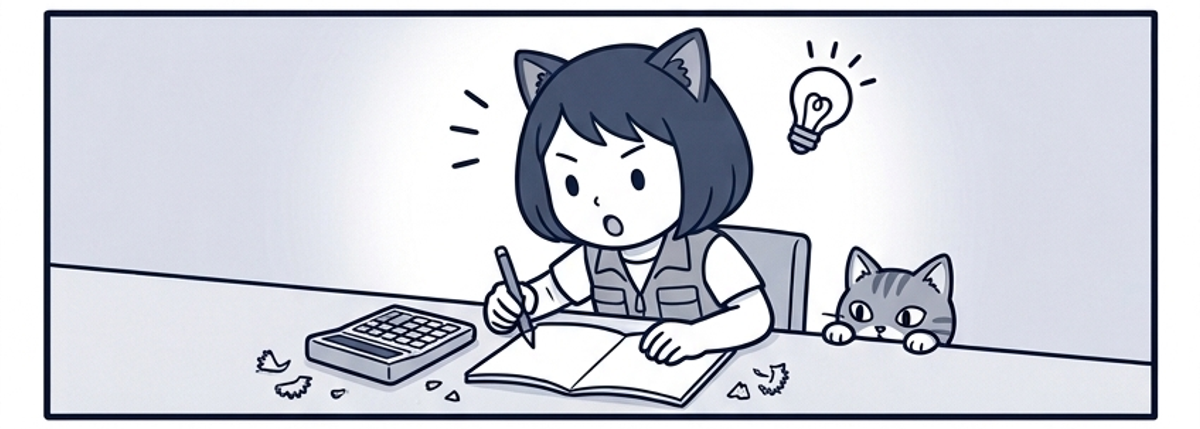 電卓とノートで真剣に計算して、ひらめいた表情のひーちママ。キジトラ猫がノートを覗く