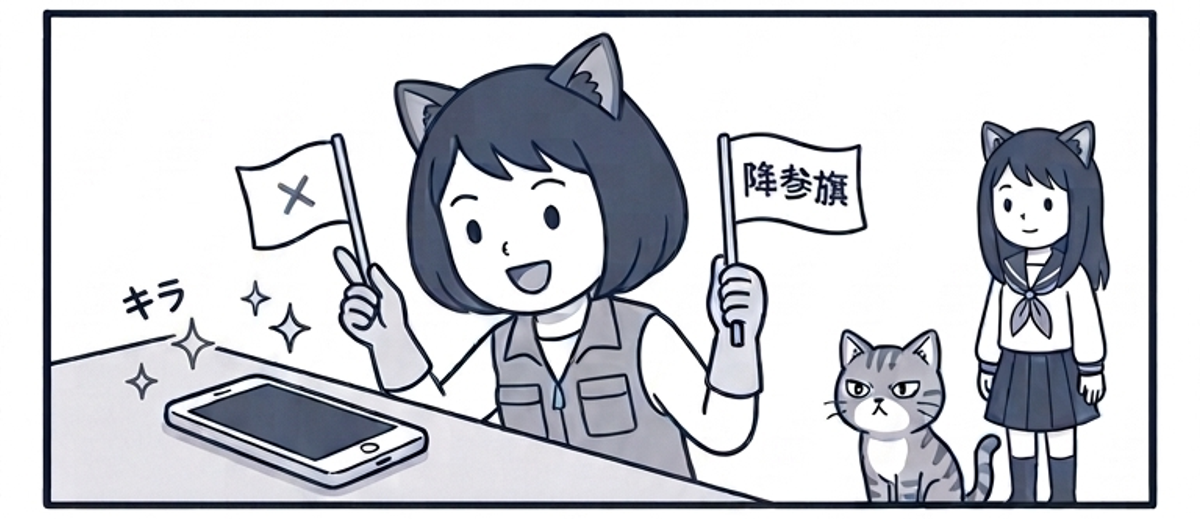 白い旗を両手に上げて降参ポーズのひーちママ。かたわらのスマホがきらりと光り、ひーちと猫が見守る