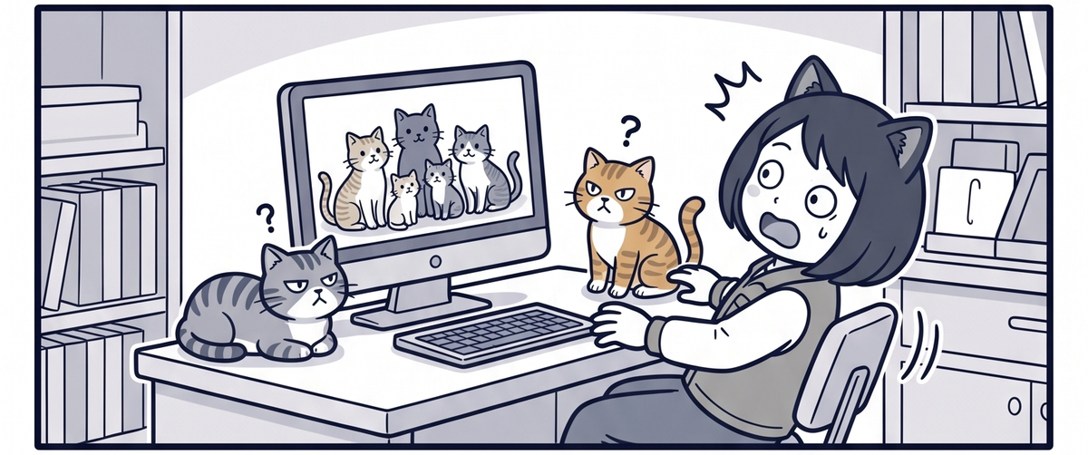 画面に映った本物の猫4匹にのけぞるママ