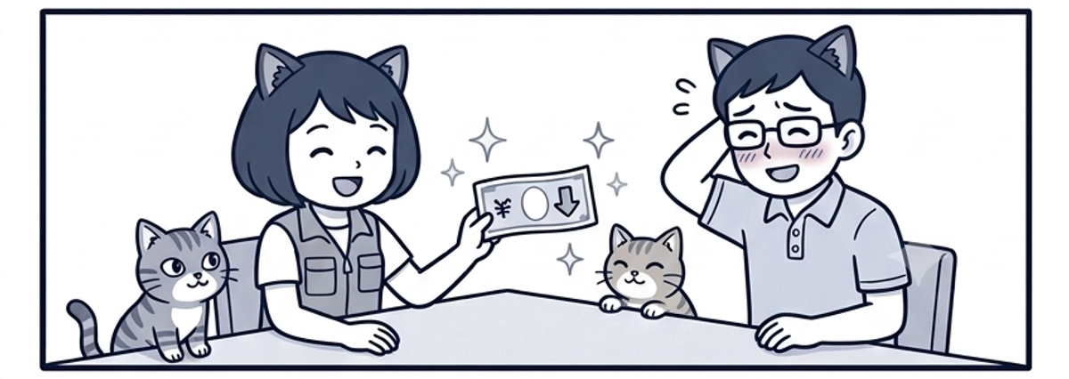 安くなった請求書を掲げてにっこりのひーちママと、頭をかいて照れ笑いのパパ。猫たちもうれしそう