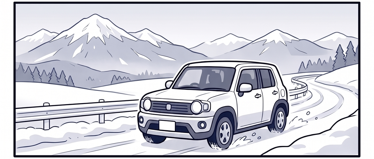 雪道を走る白いコンパクトSUVと雪山