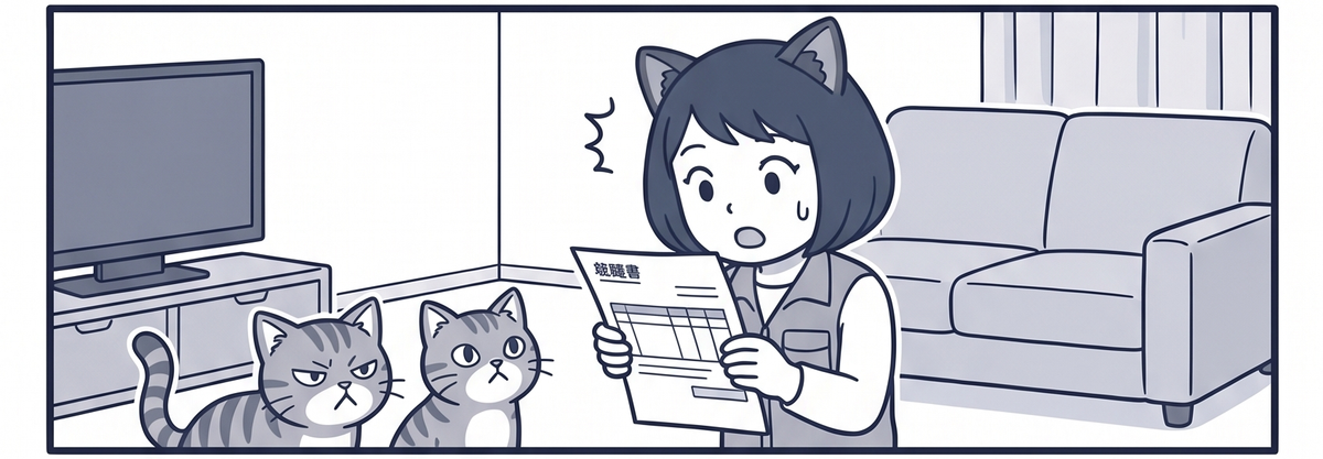 請求明細を見て驚くママと、のぞき込む猫2匹