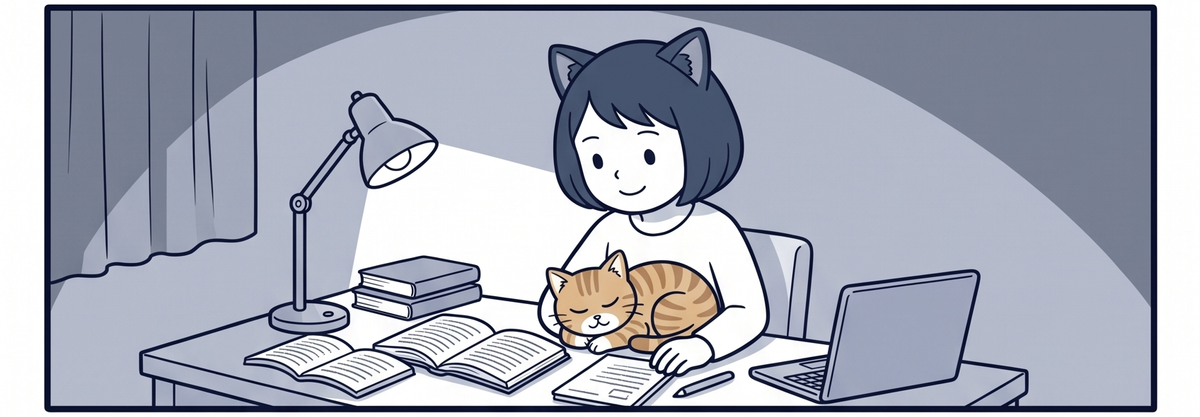 夜、教科書とパソコンで勉強するママと膝の上の猫