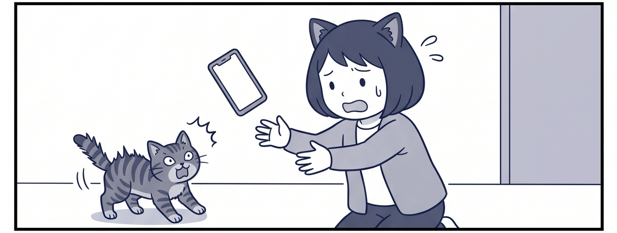 ママが落としかけたスマホにあわてて手を伸ばし、猫がびっくりしている