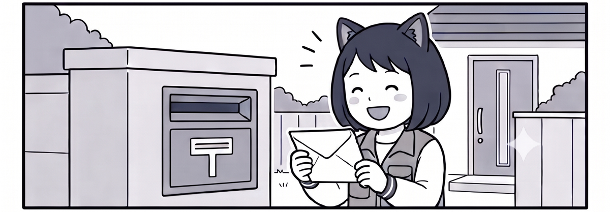 自宅のポストの前で封筒を開けてほっとするママ