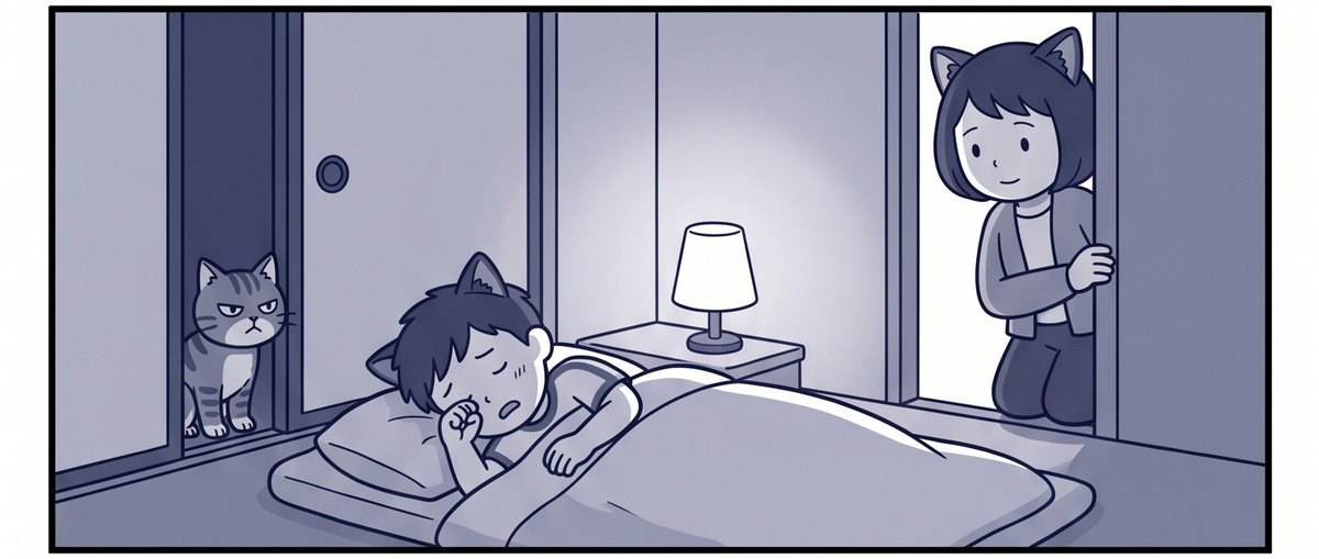 夜のリビングで布団の弟が眠そうに鼻をこする。襖のすき間から猫がのぞき、ママが心配そうに見ている
