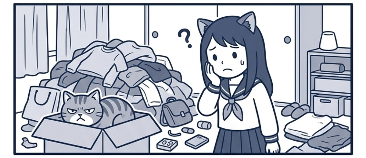 着なくなった服や小物の山を前に困り顔のひーち（女子高生）。段ボール箱にはキジトラ猫がすっぽり入って不機嫌顔