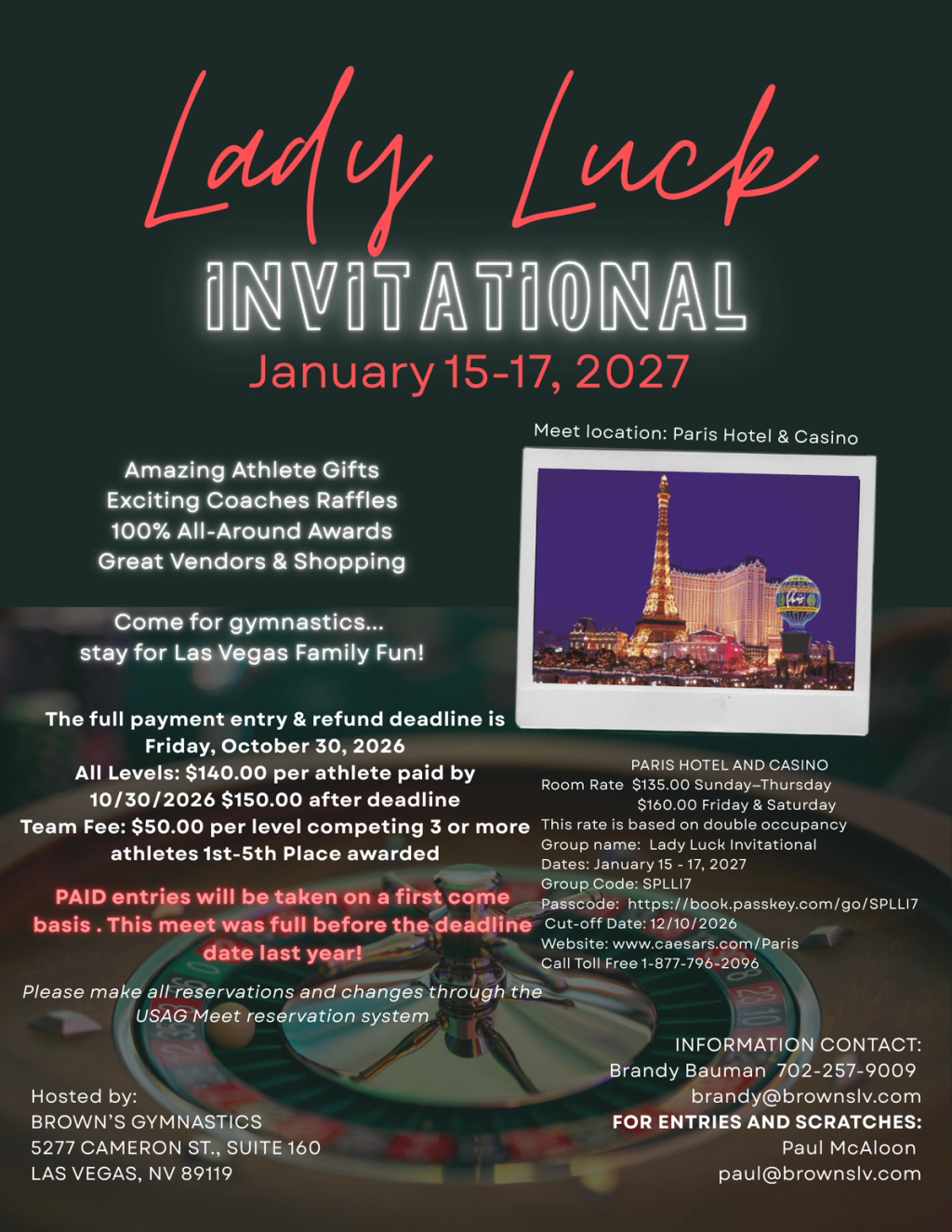 Lady Luck Invitational 2027 meet flyer — January 15–17 at the Paris Hotel & Casino, Las Vegas