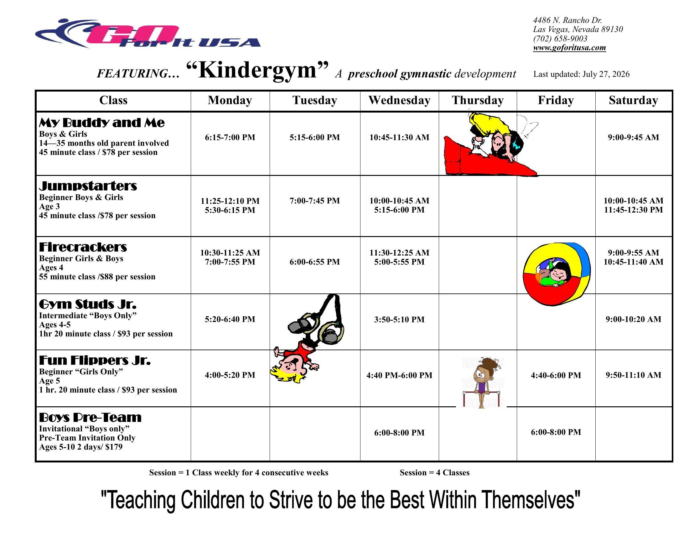 Go For It USA preschool class schedule grid for ages 14 months to 5 years