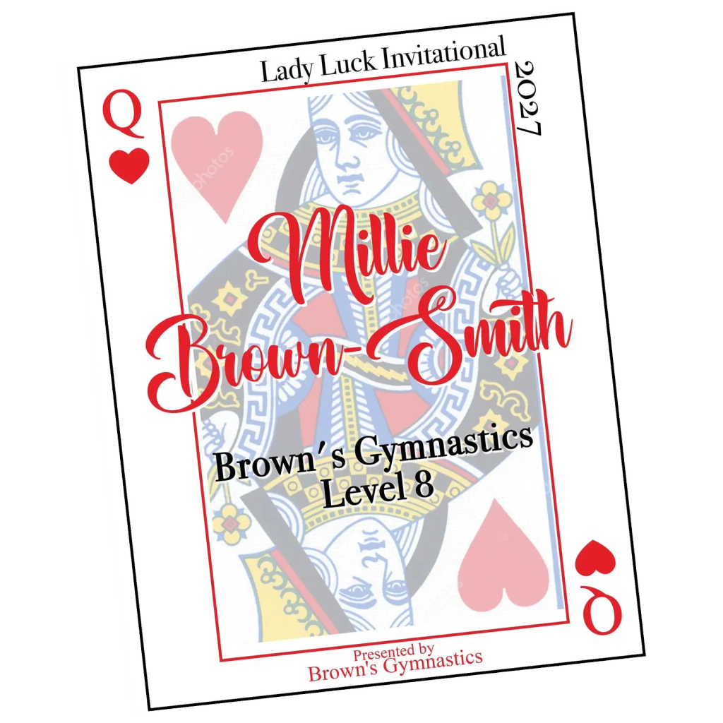2027 Lucky Lane Athlete Recognition sticker: an 18-inch playing-card graphic personalized with the athlete's name, gym and level