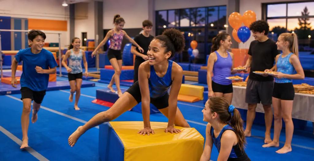 Young gymnasts enjoying an end-of-summer party with games and pizza at the gym