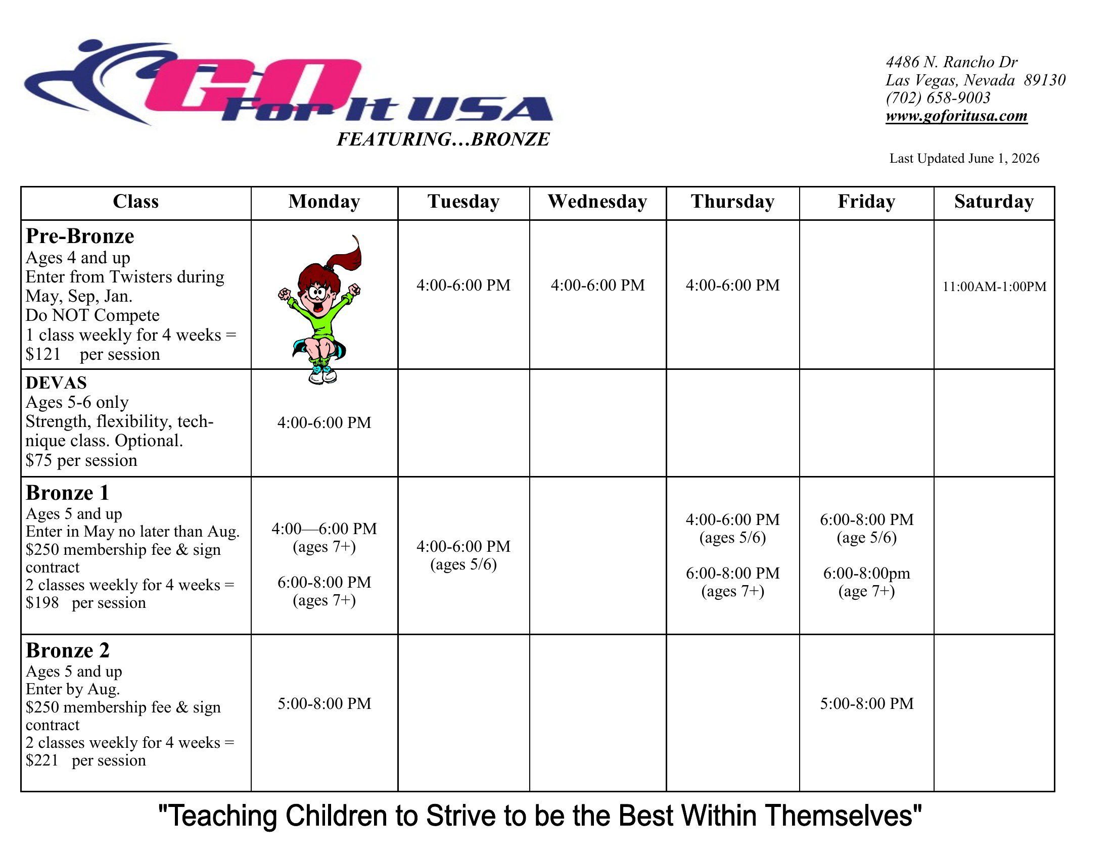 Go For It USA Bronze recreational competing class schedule grid: Pre-Bronze, Bronze 1, Bronze 2, and DEVAS