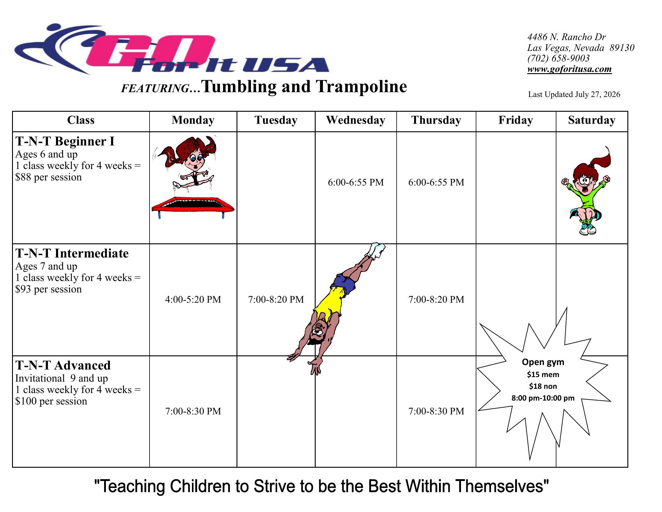 Go For It USA trampoline and tumbling class schedule grid