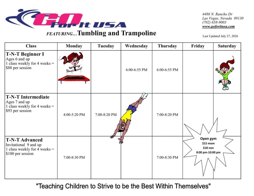 Go For It USA trampoline and tumbling class schedule grid