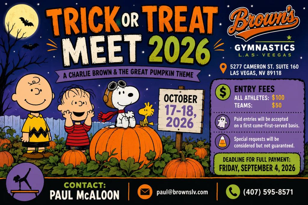 Trick or Treat Meet 2026 event flyer — Brown's Gymnastics, Las Vegas