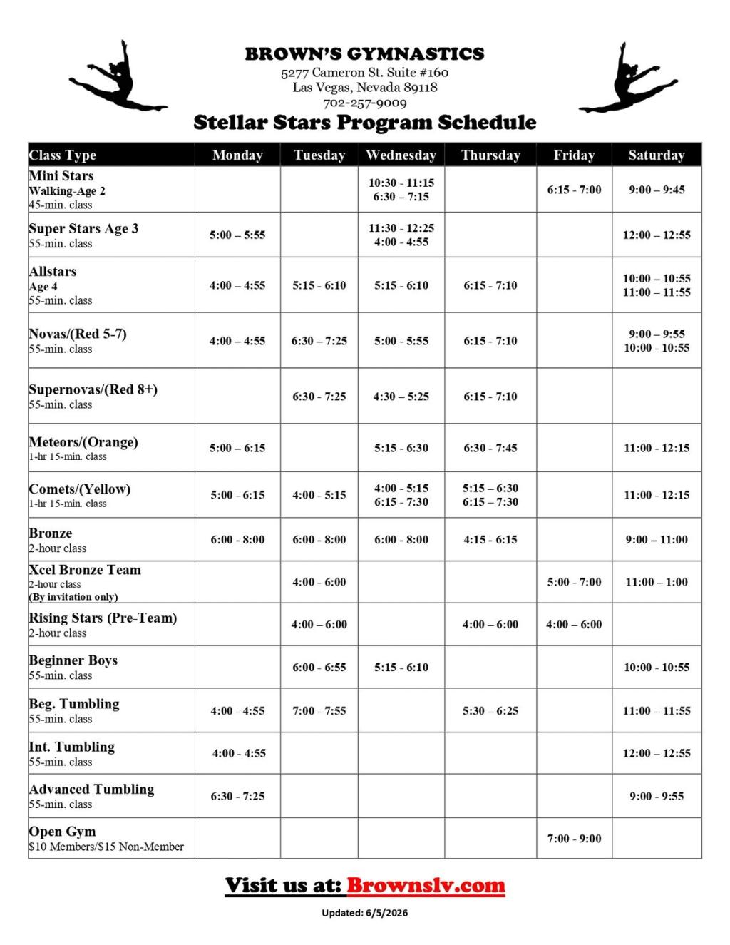 Brown's Gymnastics weekly recreational class schedule grid showing class days and times