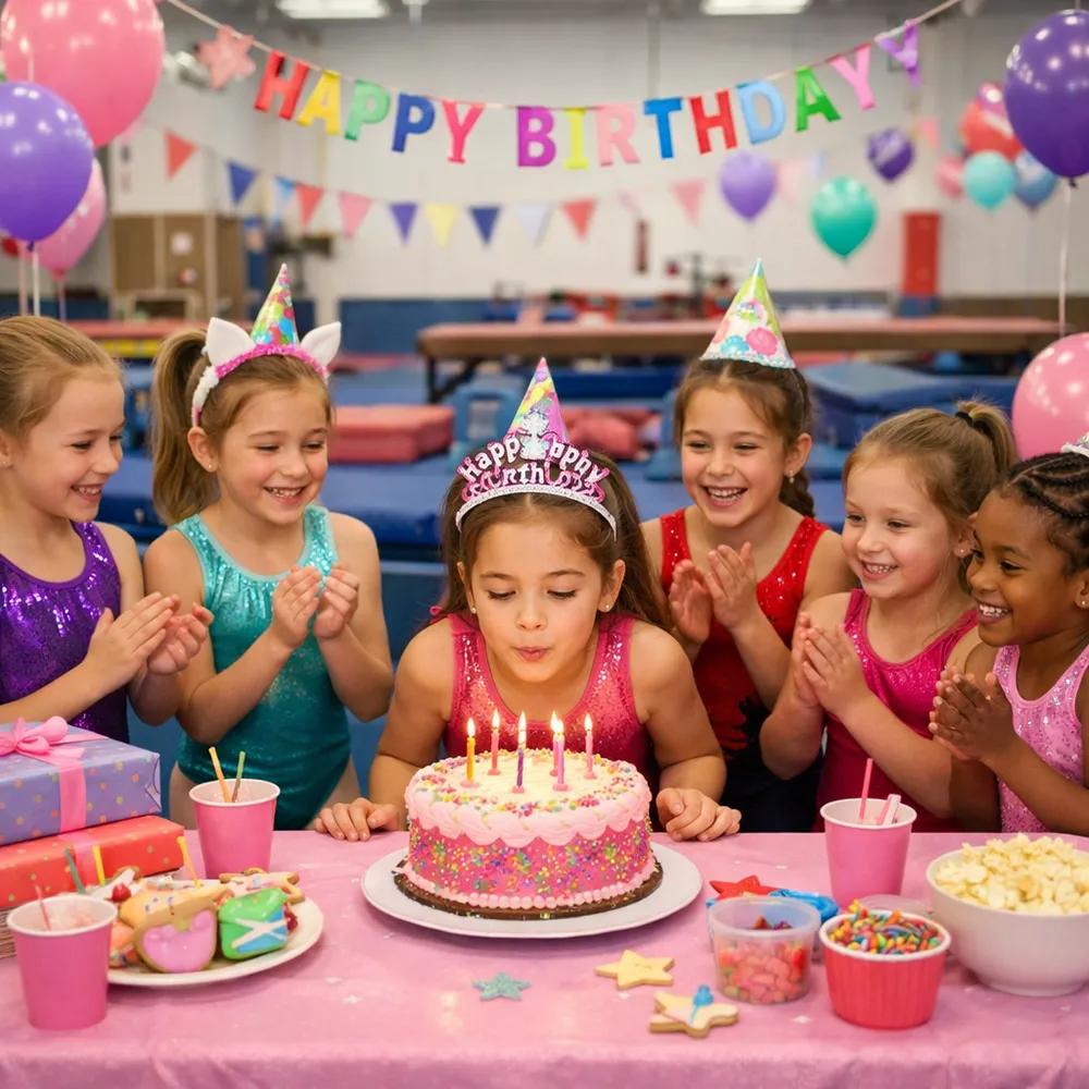 Kids celebrating a birthday party on the gymnastics equipment at Brown's Gymnastics