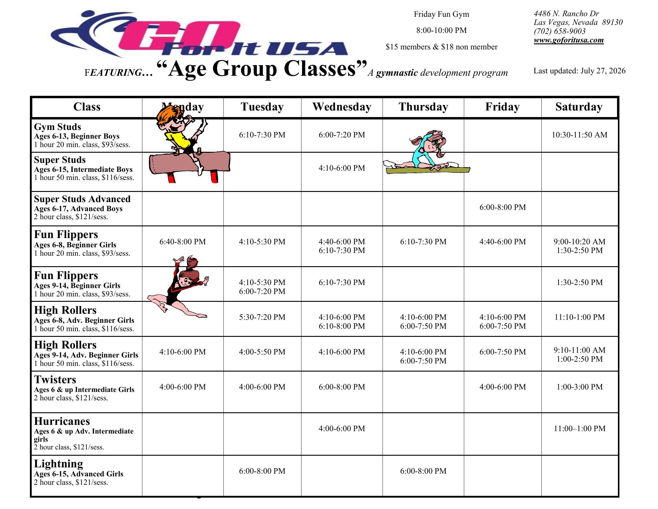 Go For It USA age group classes schedule grid for recreational boys and girls ages 6 and up