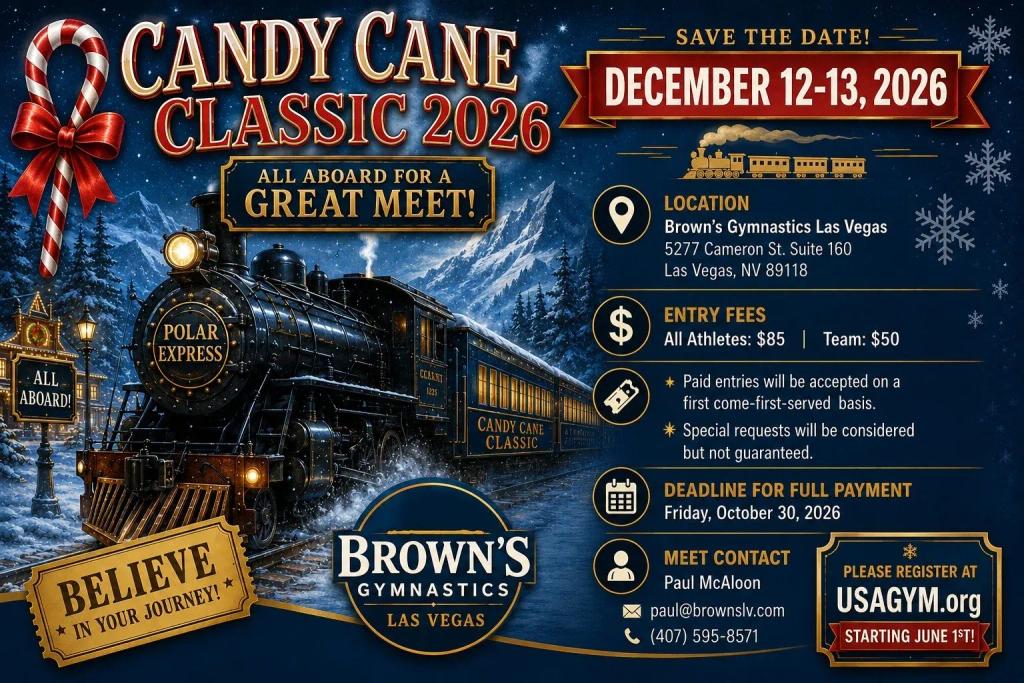 Candy Cane Classic 2026 event flyer — Brown's Gymnastics, Las Vegas