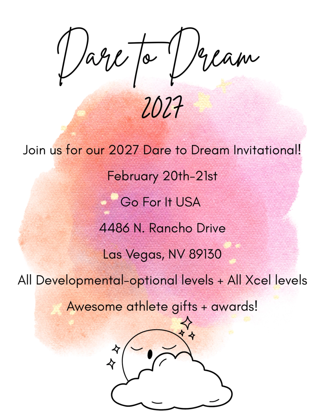 Dare to Dream Invitational 2027 meet flyer, February 20-21 at Go For It USA, Las Vegas