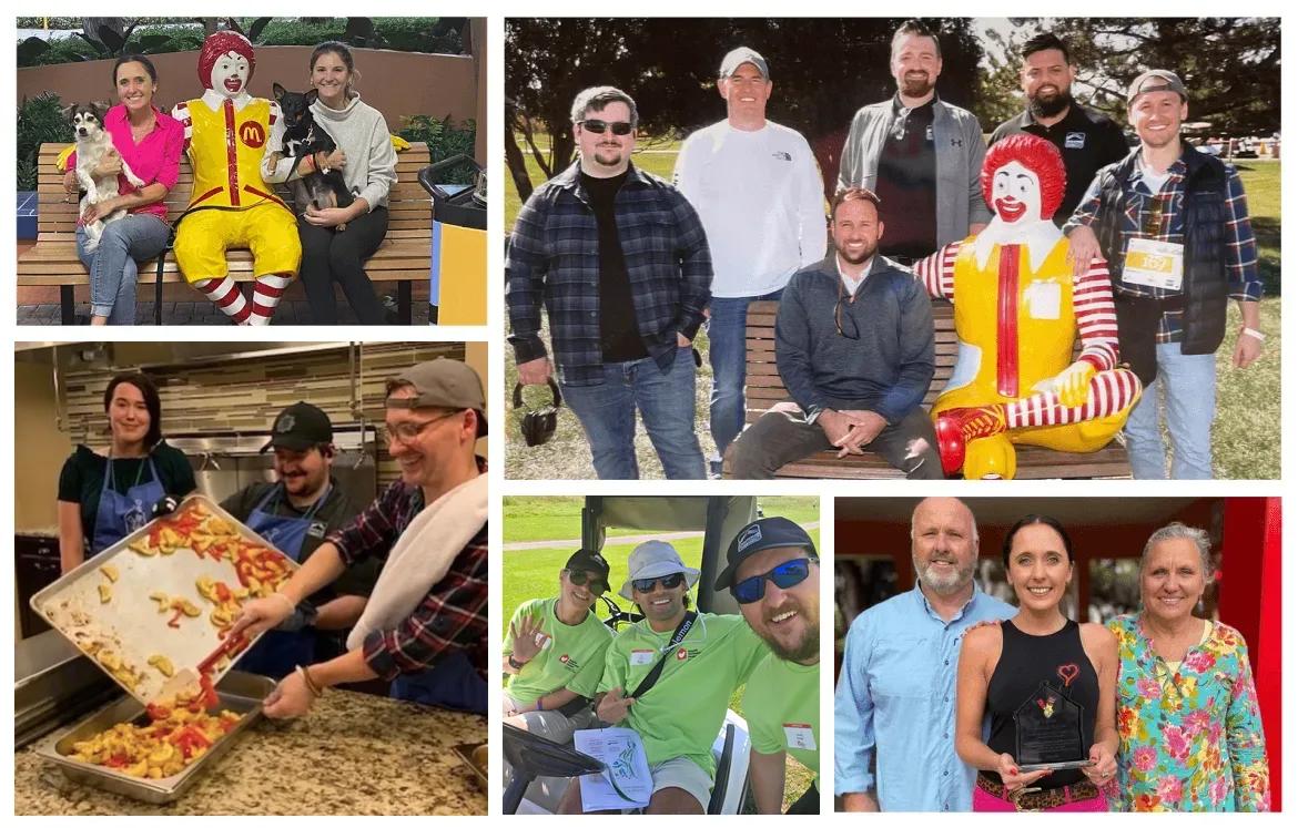 A collage of RoofingSource teammates at charity events, including Ronald McDonald House visits and meal services