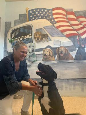 A RoofingSource teammate greets a rescue dog in front of a kennel mural of dogs riding in a company van