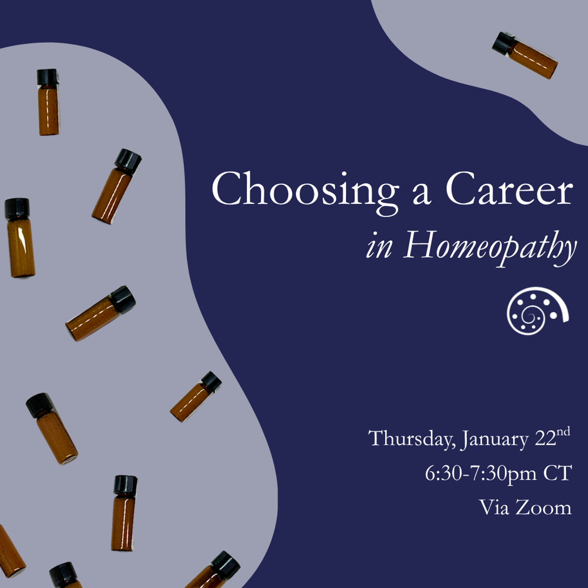 Choosing a Career in Homeopathy — webinar promo with scattered remedy vials on indigo