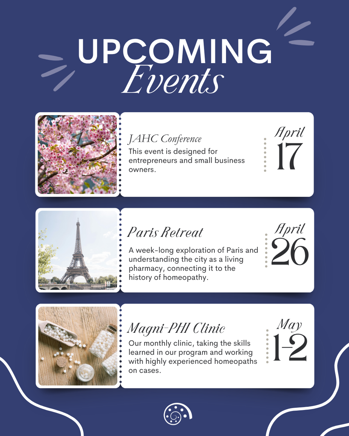 Upcoming Events — swipeable carousel of conference, retreat and clinic dates